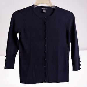 Audrey & Grace Cardigan Sweater Navy Blue Satin Covered Buttons Rayon Small